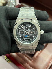 Perpetual Calendar Open Worked Silver Black Dial Automatic Mens Watch