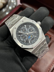 Perpetual Calendar Open Worked Silver Black Dial Automatic Mens Watch