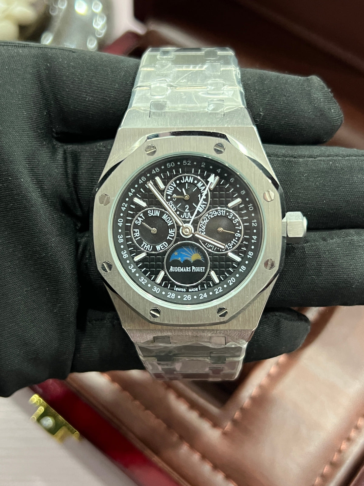 Perpetual Calendar Open Worked Silver Black Dial Automatic Mens Watch